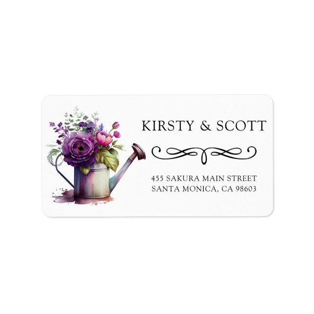 Watercolor Spring Floral Watering Can Wedding Label (Front)
