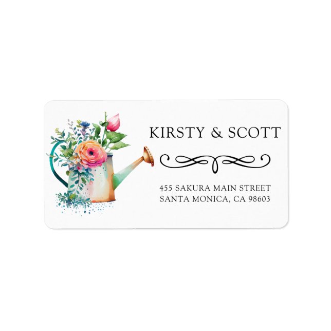 Watercolor Spring Floral Watering Can Wedding Label (Front)
