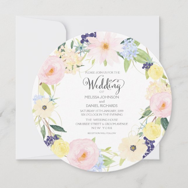 Watercolor Spring Floral Wreath Wedding Invitation (Front)