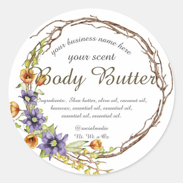 watercolor spring flower wreath body butter classic round sticker (Front)