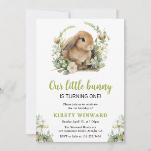Watercolor Spring Flowers and Rabbit 1st Birthday Invitation