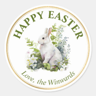 Watercolor Spring Flowers and Rabbit Happy Easter Classic Round Sticker