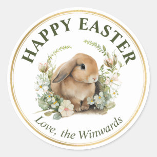 Watercolor Spring Flowers and Rabbit Happy Easter Classic Round Sticker