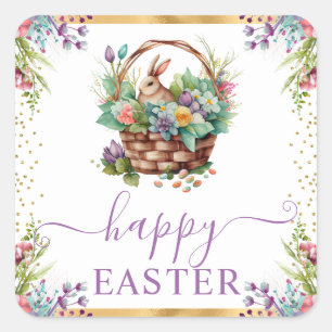 Watercolor Spring Flowers Basket Happy Easter Square Sticker
