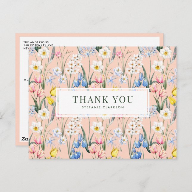Watercolor Spring Flowers Botanical Thank You Postcard (Front/Back)