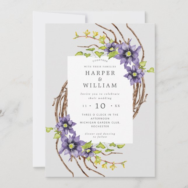 Watercolor spring flowers clematis wedding invitation (Front)