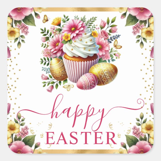 Watercolor Spring Flowers Cupcake Easter Square Sticker (Front)