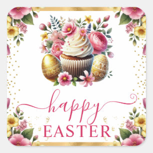 Watercolor Spring Flowers Cupcake Easter Square Sticker