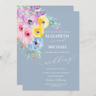 Watercolor Spring Flowers Dusty Blue Wedding Invitation