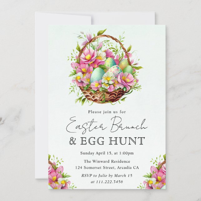 Watercolor Spring Flowers Easter Basket Brunch Invitation (Front)
