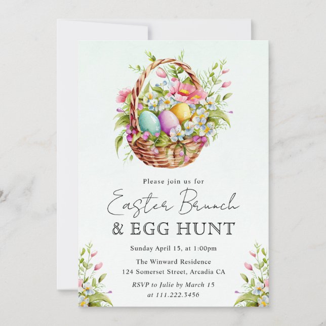 Watercolor Spring Flowers Easter Basket Brunch Invitation (Front)