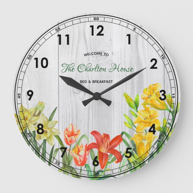 Watercolor Spring Flowers Floral Art Large Clock (Front)
