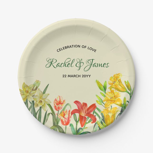 Watercolor Spring Flowers Floral Illustration Paper Plate (Front)