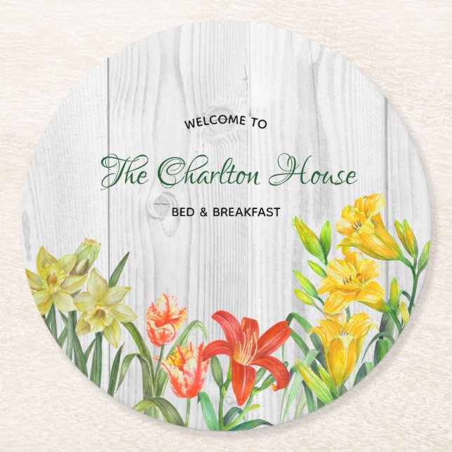 Watercolor Spring Flowers Floral Illustration Round Paper Coaster (Front)