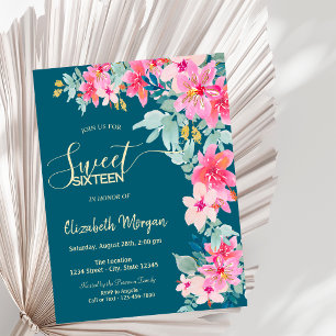 Watercolor Spring Flowers Green Sweet 16 Invitation