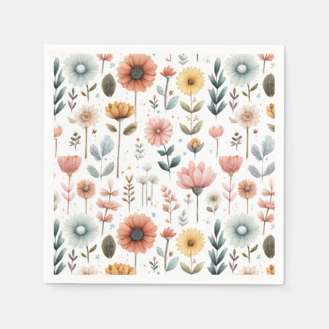Watercolor Spring Flowers Pastel Floral Pattern  Napkin (Front)