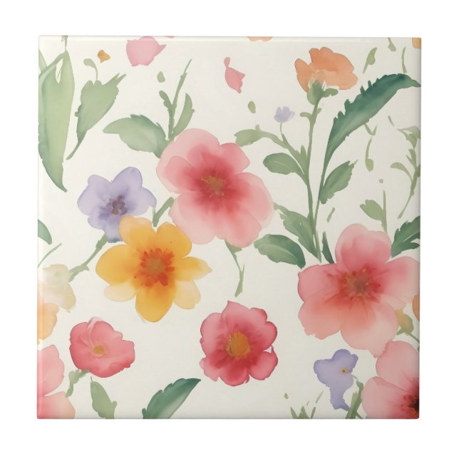 Watercolor Spring Flowers - Pink Floral on White Tile (Front)