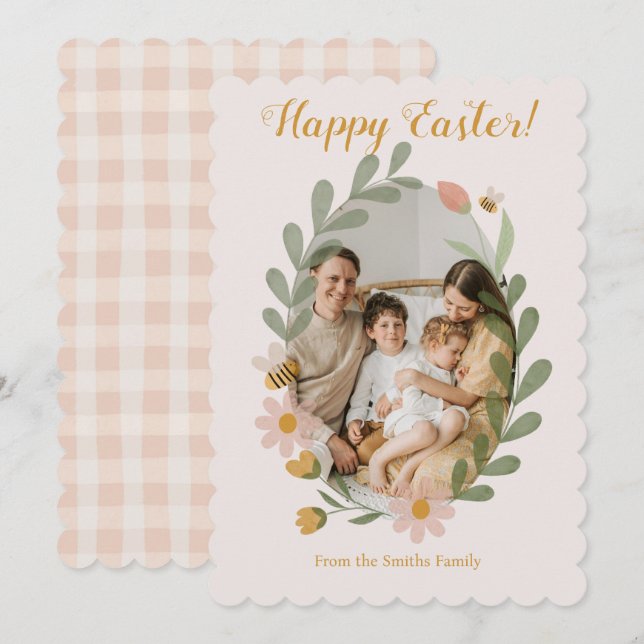 Watercolor Spring Flowers Pink Gingham Holiday Card (Front/Back)