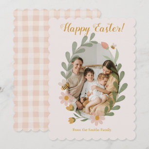 Watercolor Spring Flowers Pink Gingham Holiday Card