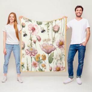 Watercolor Spring Flowers Pink Yellow Bees Fleece Blanket