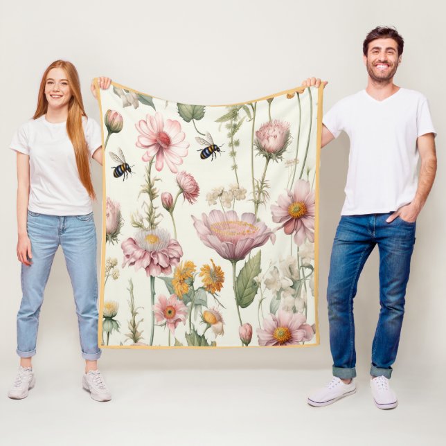 Watercolor Spring Flowers Pink Yellow Bees Fleece Blanket (In Situ)
