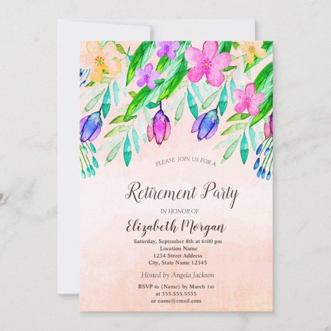 Watercolor Spring Flowers Retirement  Invitation (Front)