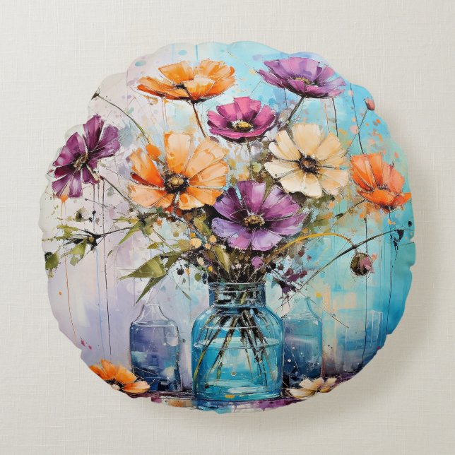 Watercolor Spring Flowers Round Cushion (Front)