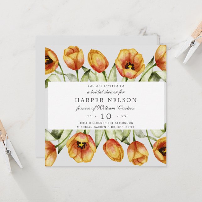 Watercolor spring flowers tulips bridal shower  invitation (Front/Back In Situ)