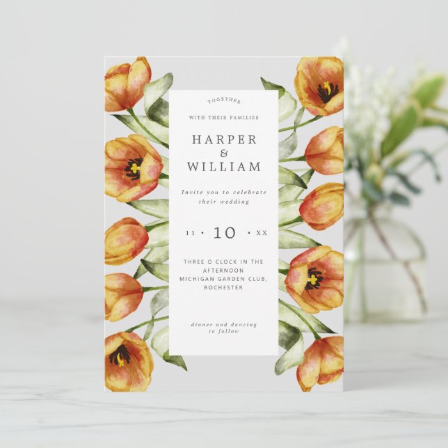 Watercolor spring flowers tulips wedding invitation (Standing Front)