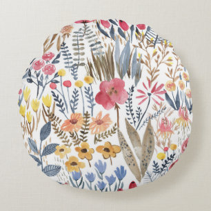 Watercolor spring flowers, vibrant seamless patter round cushion