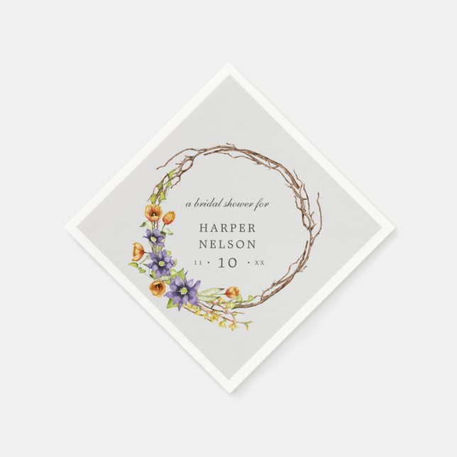 Watercolor spring flowers wreath bridal shower  napkin (Corner)