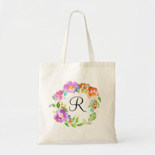 Watercolor Spring Flowers Wreath Monogram Tote Bag