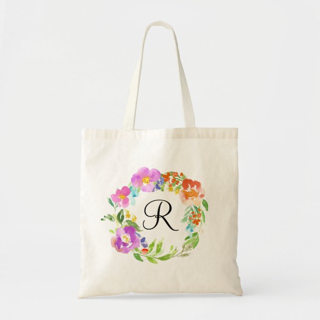 Watercolor Spring Flowers Wreath Monogram Tote Bag (Front)
