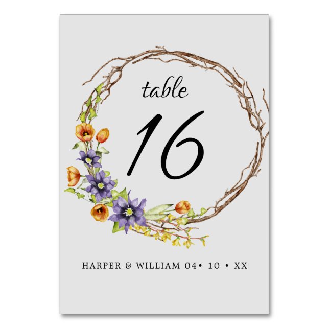 Watercolor spring flowers wreath wedding table number (Back)