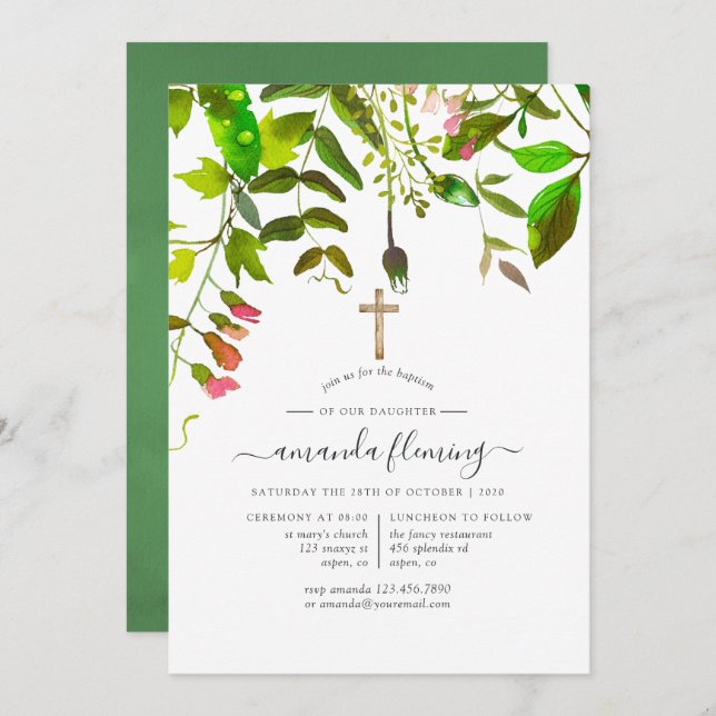 Watercolor Spring Foliage Baptism or Christening Invitation (Front/Back)
