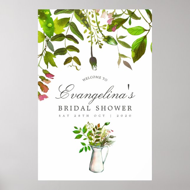 Watercolor Spring Foliage Bridal Shower Welcome Poster (Front)