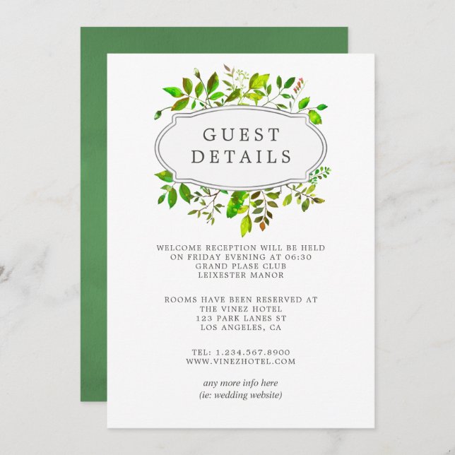 Watercolor Spring Foliage Wedding Guest Details Invitation (Front/Back)