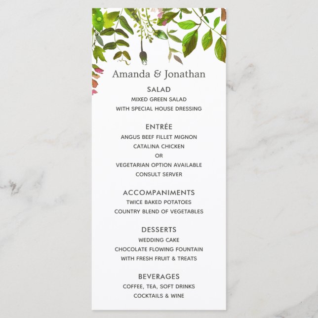 Watercolor Spring Foliage Wedding Menu (Front)