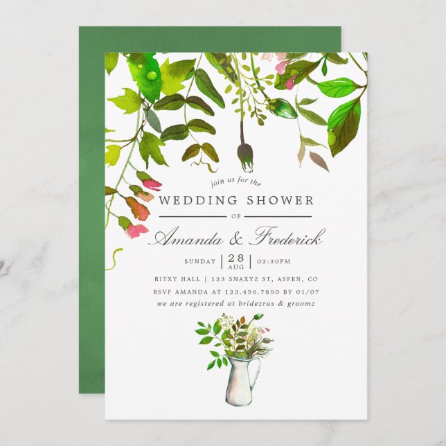Watercolor Spring Foliage Wedding Shower Invite (Front/Back)