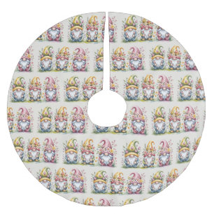 Watercolor Spring Gnome Trio with Floral Hats Brushed Polyester Tree Skirt