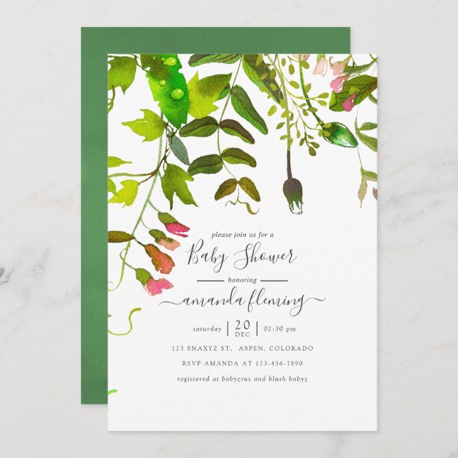 Watercolor Spring Greenery Baby Shower Invitation (Front/Back)