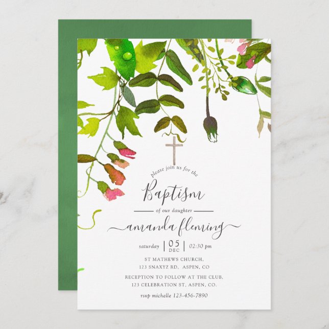 Watercolor Spring Greenery Baptism Invitation (Front/Back)