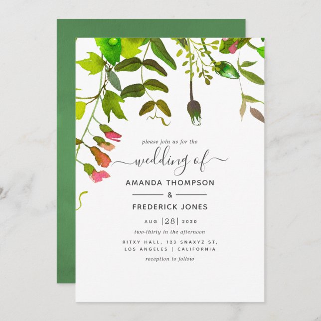 Watercolor Spring Greenery Wedding Invitation (Front/Back)