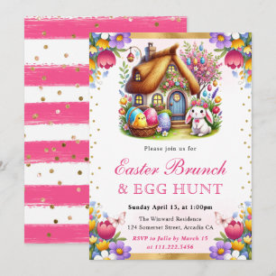Watercolor Spring House Rabbits Easter Brunch Invitation