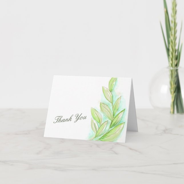 Watercolor spring leaves wedding thank you card (Front)