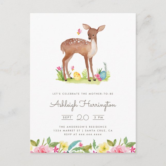Watercolor Spring Meadow Flowers Deer Baby Shower Invitation Postcard (Front)