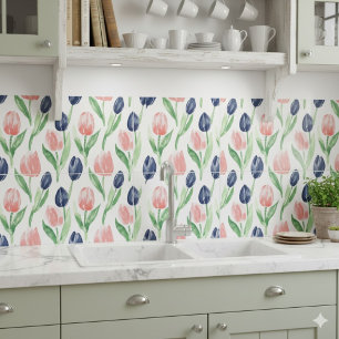 Watercolor Spring Navy Pink Tulip Pattern Tile