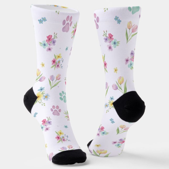 Watercolor Spring Paw Print Socks (Angled)