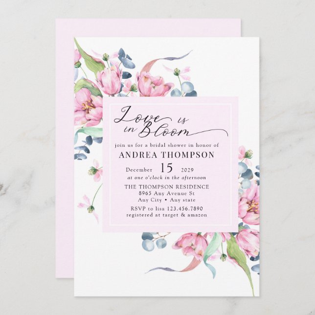 Watercolor Spring Pink Floral Bridal Shower Invitation (Front/Back)