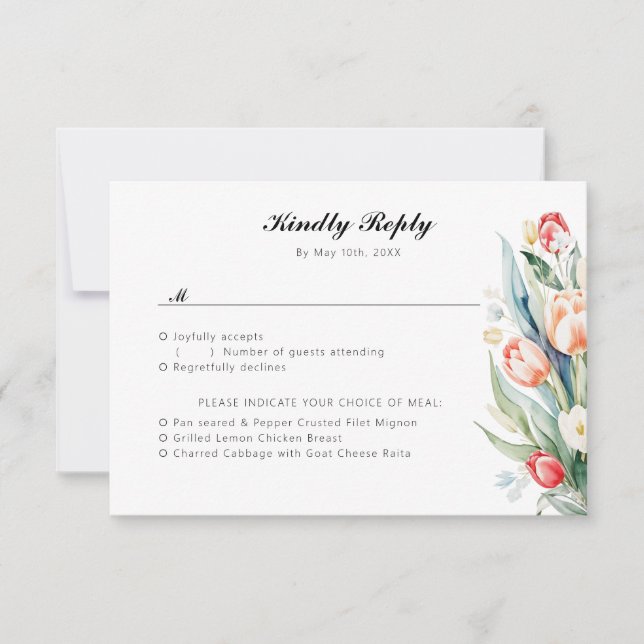 Watercolor spring tulip flowers meal choices RSVP card (Front)